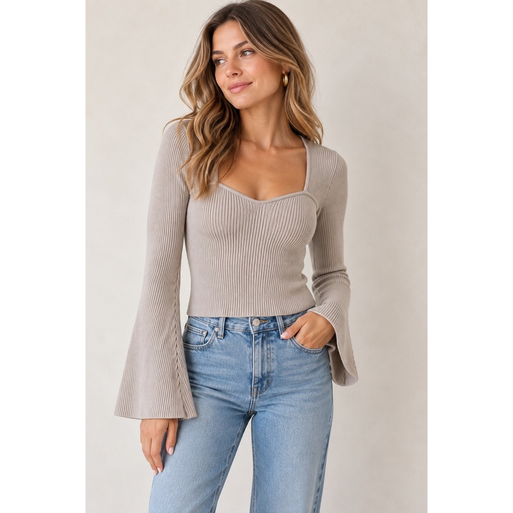 Saltwater Luxe Taupe Ribbed Sweetheart Neck Bell Sleeve Sweater Top Medium